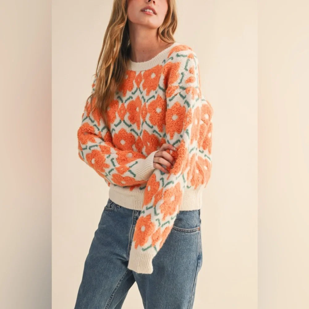 Orange fuchsia Sherpa floral flower print embroidered bohemian oversized sweater - Picture 6 of 6